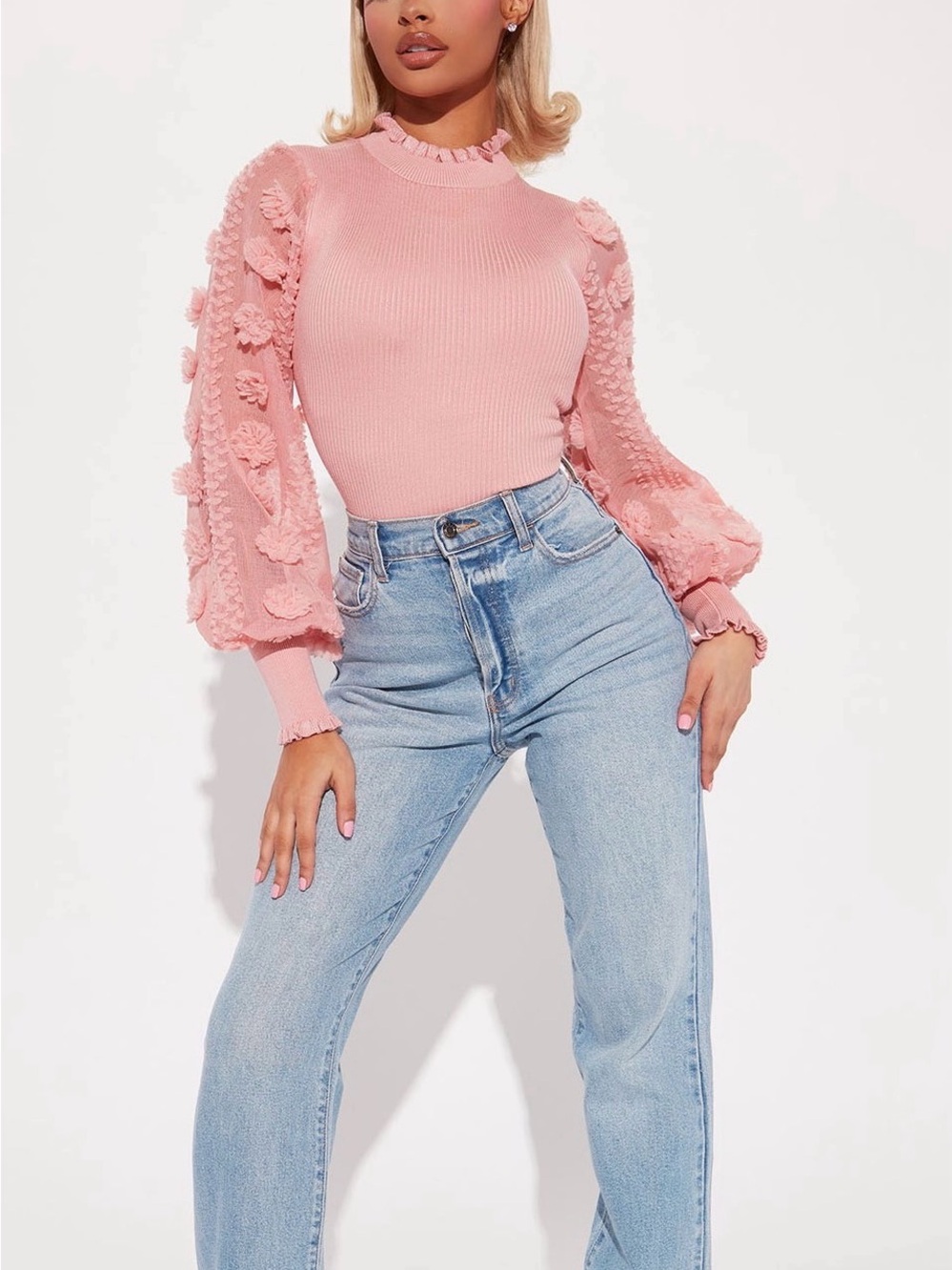 Fashion Nova Pink Floral Appliqué Puff Sleeve Sweater